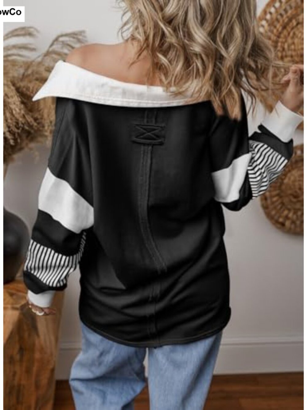 Oversized Color Block Long Sleeve V-Neck Pullover Sweatshirt Women Casual - Picture 3 of 6